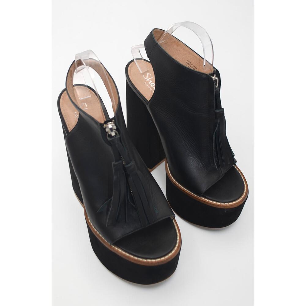 Shellys London Platform Heels Black Leather Fringe 90s Y2K Runway Revival Tassle - Picture 3 of 6